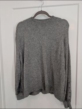 Mango Gray Beaded-Sleeve Crew Neck Sweater Medium